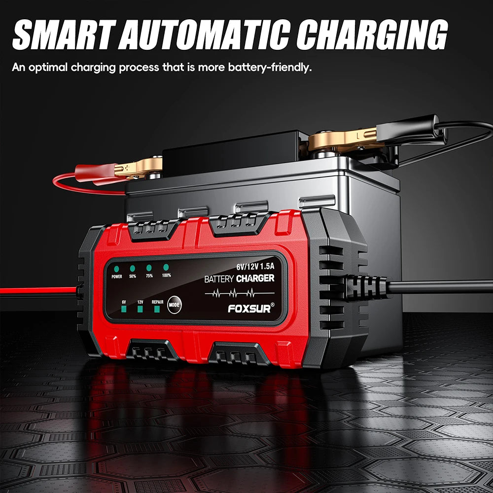 6 V / 12 V automatisk batterioplader, 1.5 A