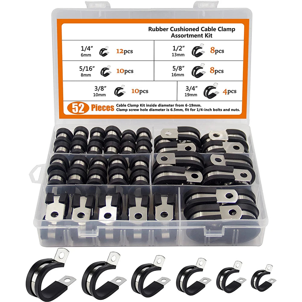 Stainless Steel Cushioned Pipe Clamps, 52-Piece Assortment