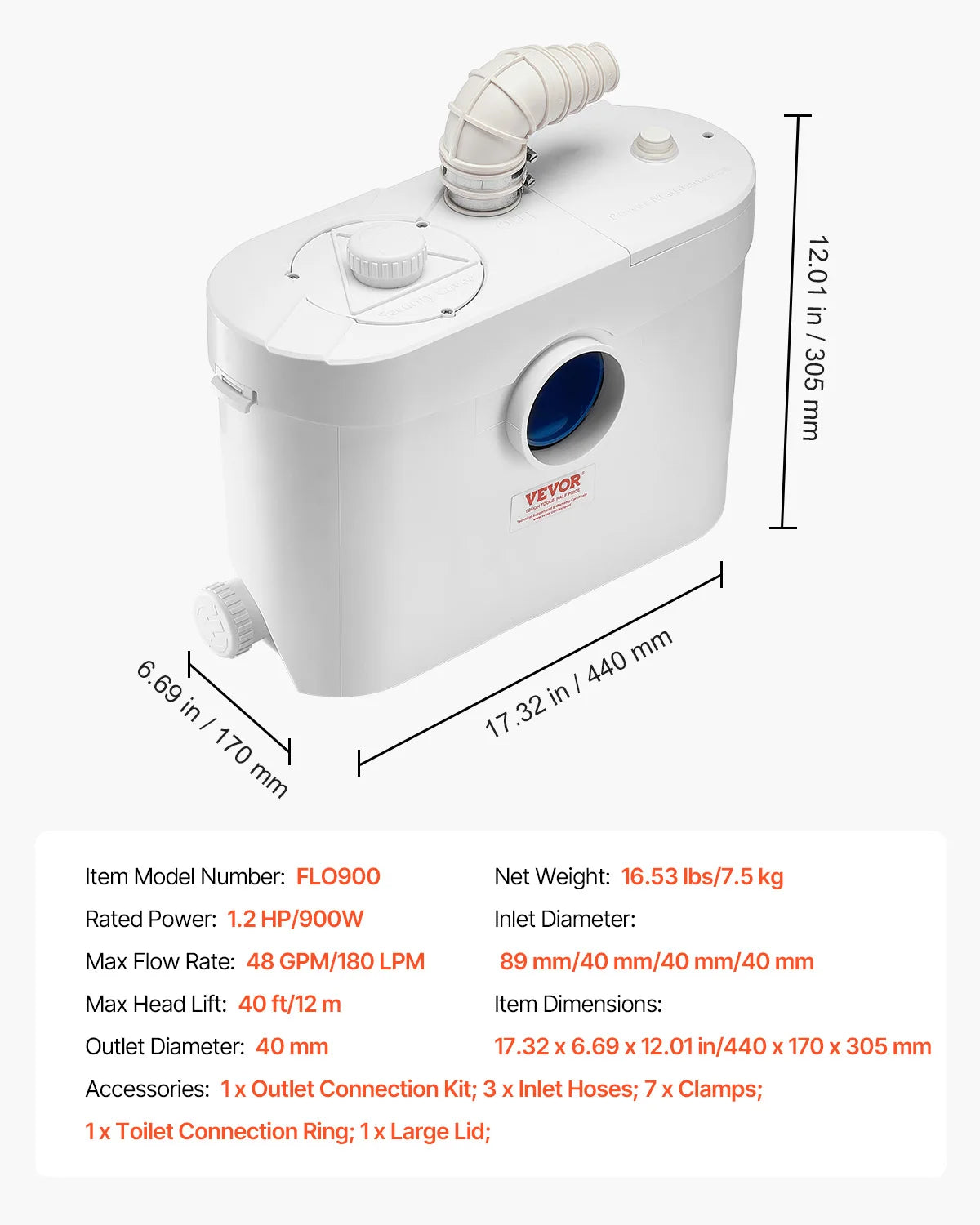 Macerator Sewerage Sump Pump with 3 Water Inlets and Check Valve
