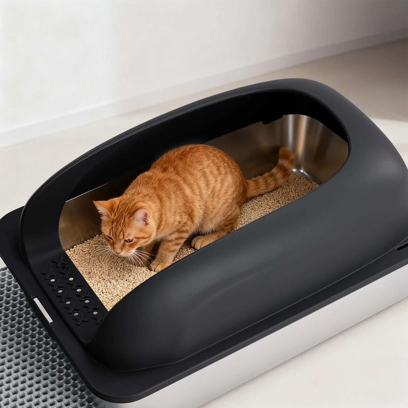 24" Stainless Steel Cat Litter Box with Lid, Scoop & Mat