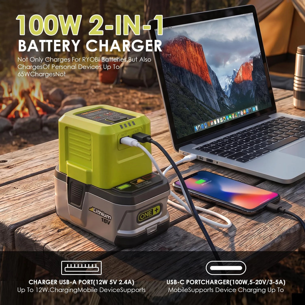 100W bærbar USB-batterioplader til Ryobi ONE+ 18V - USB-C og USB-A