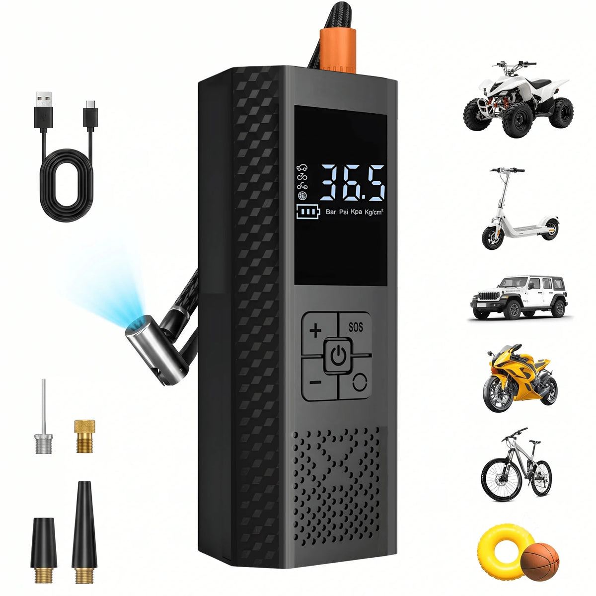 Portable Tire Inflator Tyre Pump 3000mAh 150PSI LCD Air Pump Auto Stop USB Rechargeable for Car Motorcycle Bike Scooter ATV Ball