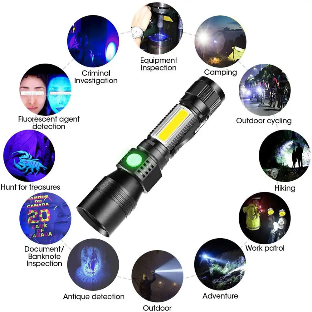 Rechargeable LED and UV Flashlight with COB Light