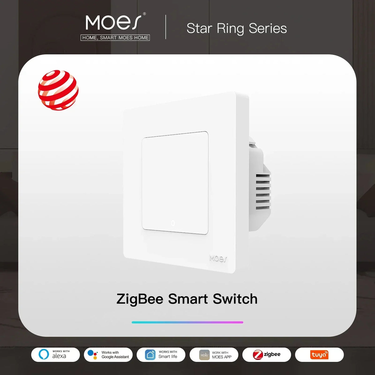 MOES Smart Light Switch Tuya ZigBee Star Ring Series No Neutral Wire No Capacitor Needed Smart Life Works with Alexa Google Home