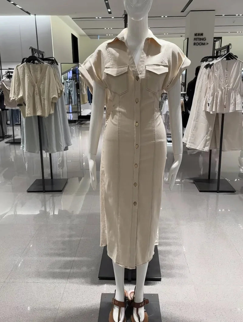 ETJ 2025 Spring New 1975 series denim MIDI dress with lapel side zipper fashion wrinkle waist slim elegant dress