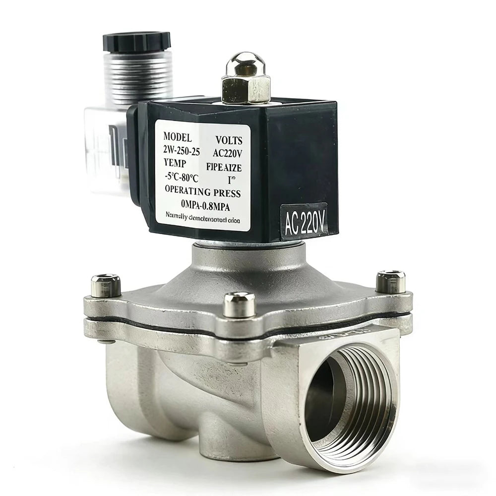Normalt lukket magnetventil i rustfritt stål, AC 110 V/220 V/24 V, 1/2" 3/4" 1", elektromagnetisk vannventil med IP65-spole, DC 12 V
