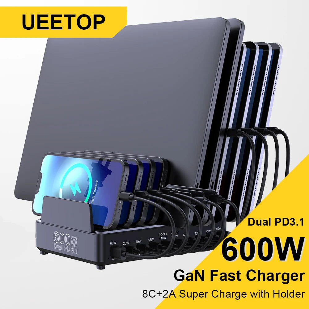 600W 10-Port GaN Fast Charging Station PD 3.1 USB-C Desktop Charger