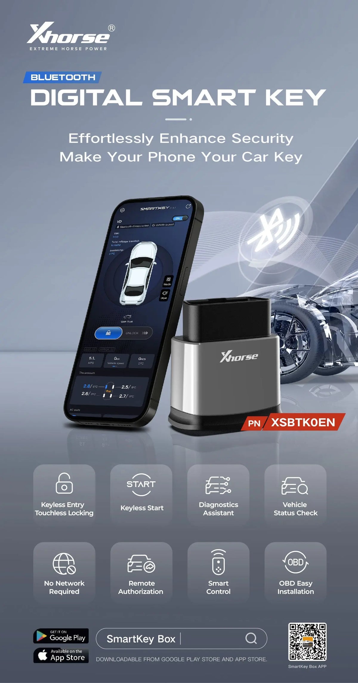 Xhorse XSBTK0EN Bluetooth Digitális okos kulcs, több mint 90%-os keyless start funkció autó módosítás