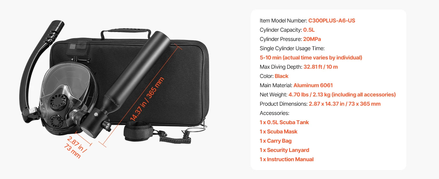 SucceBuy Scuba Tank 0.5L Portable Scuba Diving Tank Diving Oxygen Cylinder Support 5-10Minute Underwater Breathing 98.43ft Depth