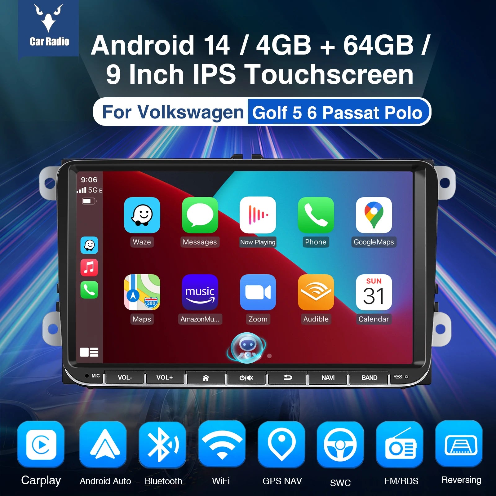 9" Android 14 4G+64G langaton Carplay autostereo GPS NAVI WIFI RDS FM BT EQ VW Golf 5 6 Passat Polo Touran Tiguan Caddy EOS varten