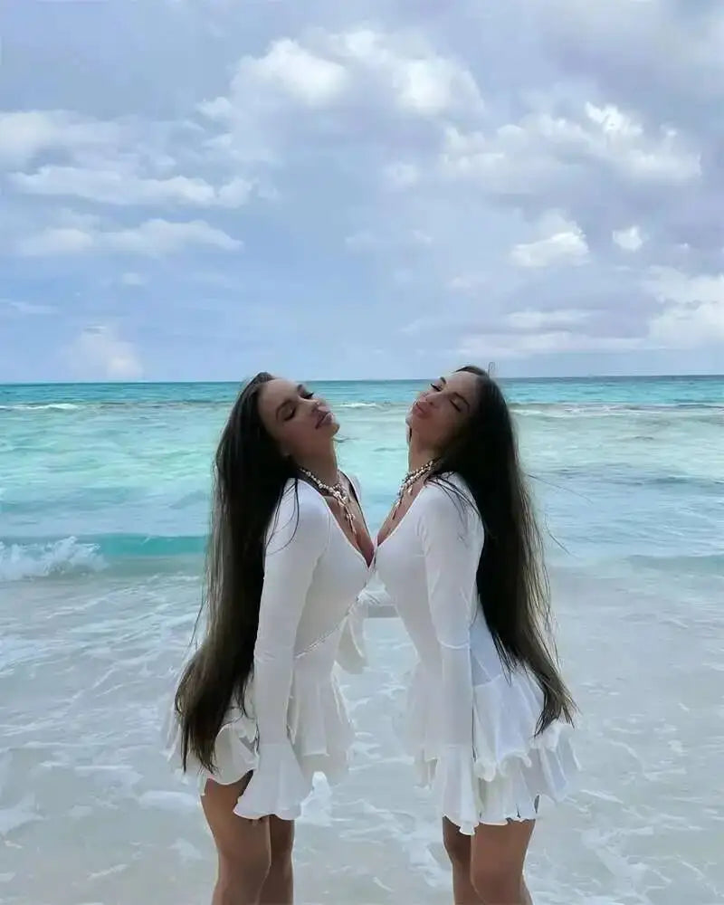 Blifanbo Flare Sleeve Ruffle Sexy V Neck Mini Dress Women Robe Irregular Single-breasted High Waist Slim A-line Club Dress