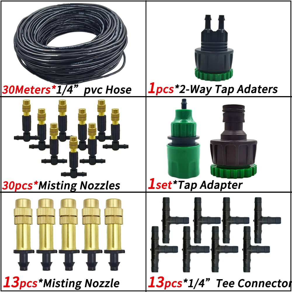 15M-30M Outdoor Misting Cooling System Garden Irrigation Watering 1/4'' Brass Atomizer Nozzles 4/7mm Hose for Patio Greenhouse