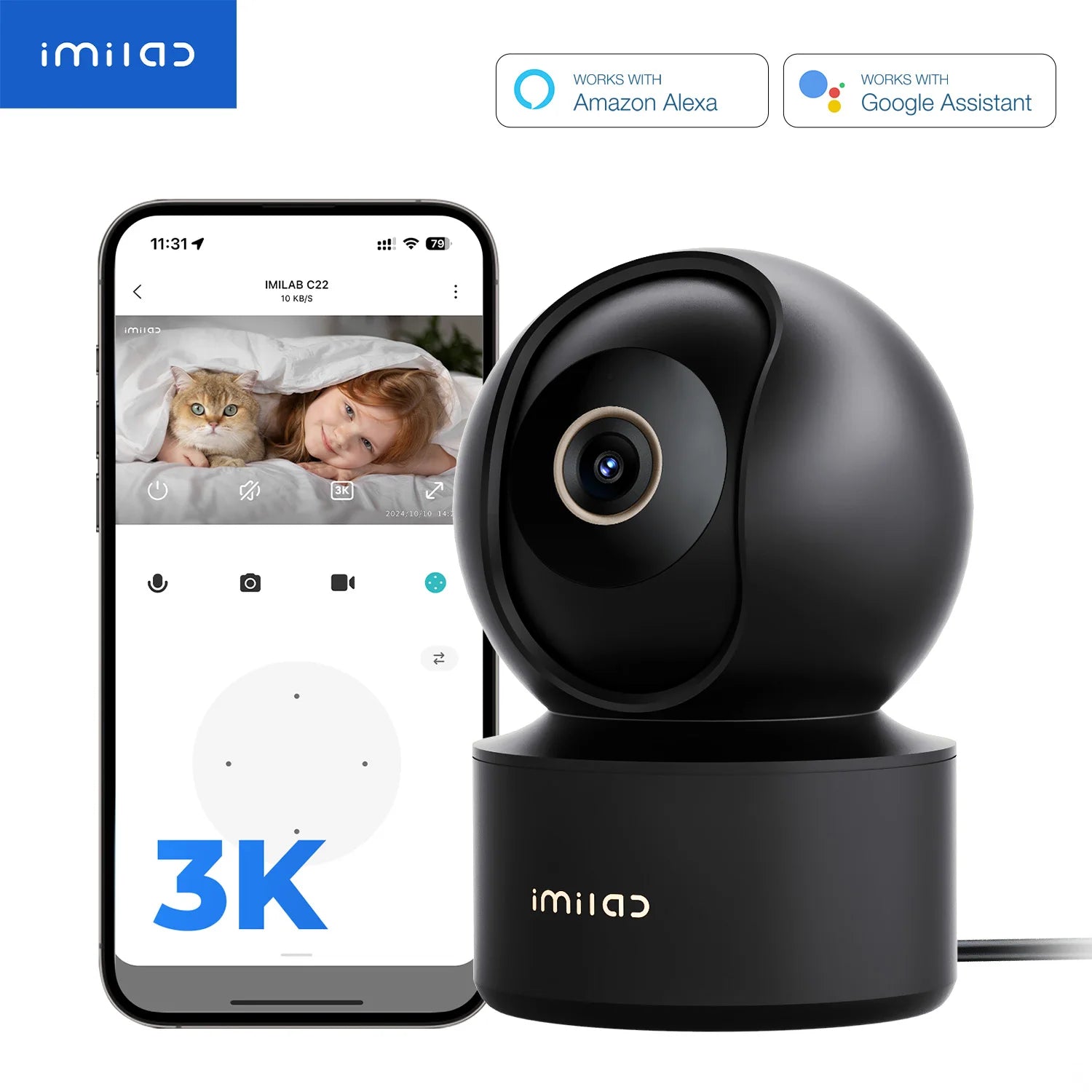 Caméra de surveillance bébé intérieure IMILAB 3K avec suivi à 360° et audio