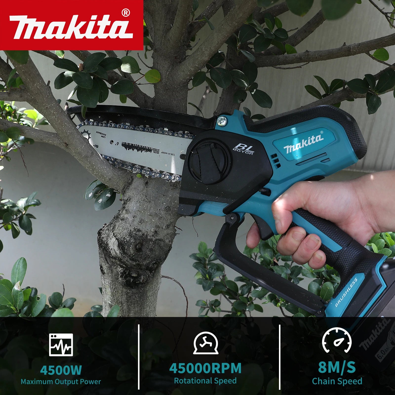 Makita 18V Ledningsfri 8-tommer Håndholdt Kædesav med Automatisk Smøring