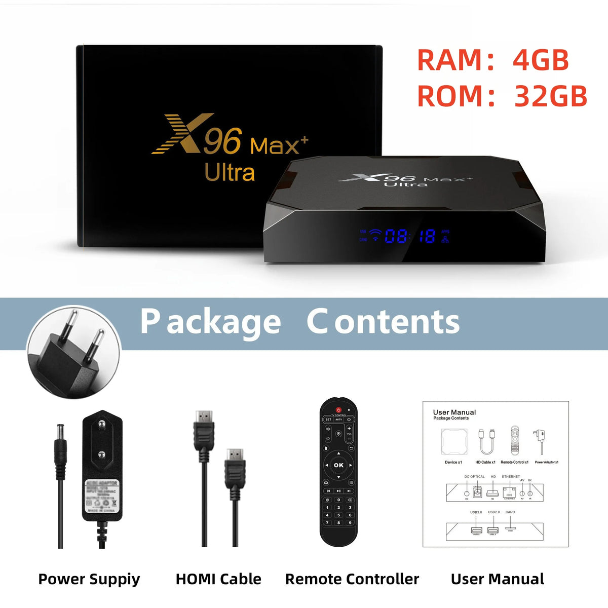 X96 Max+Ultra Android 11 TV Box Amlogic S905X4 4GB RAM 64GB ROM 8K Decoding AV1 Codec Dual WiFi 2.4G&5G BT4.0 USB3.0 HDR10+ Media Player Smart Set Top Box Decodificador