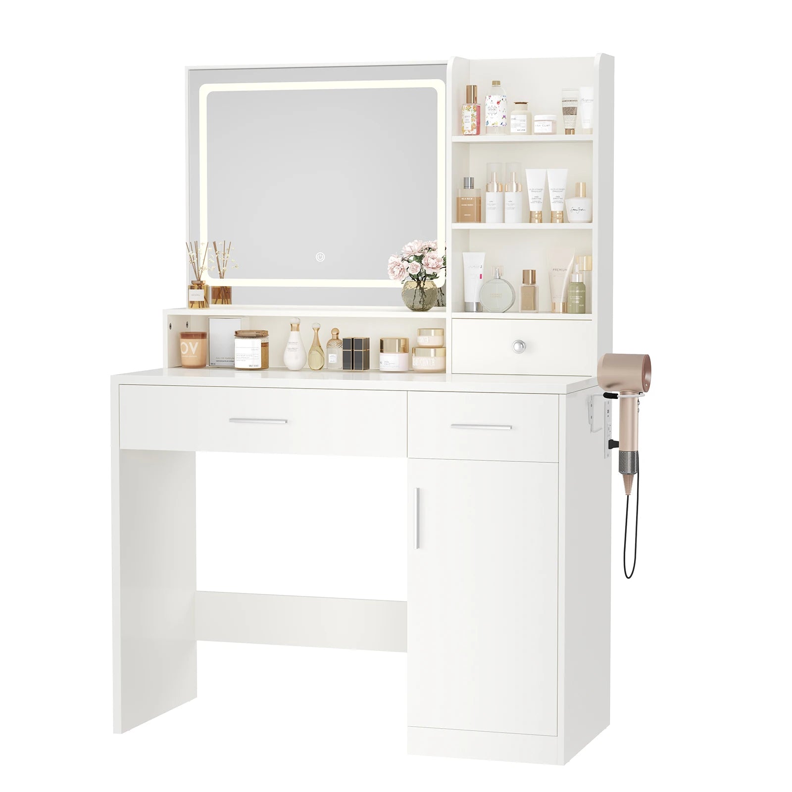 Modern Makeup Vanity Desk with Lighted Mirror, Storage & Charging