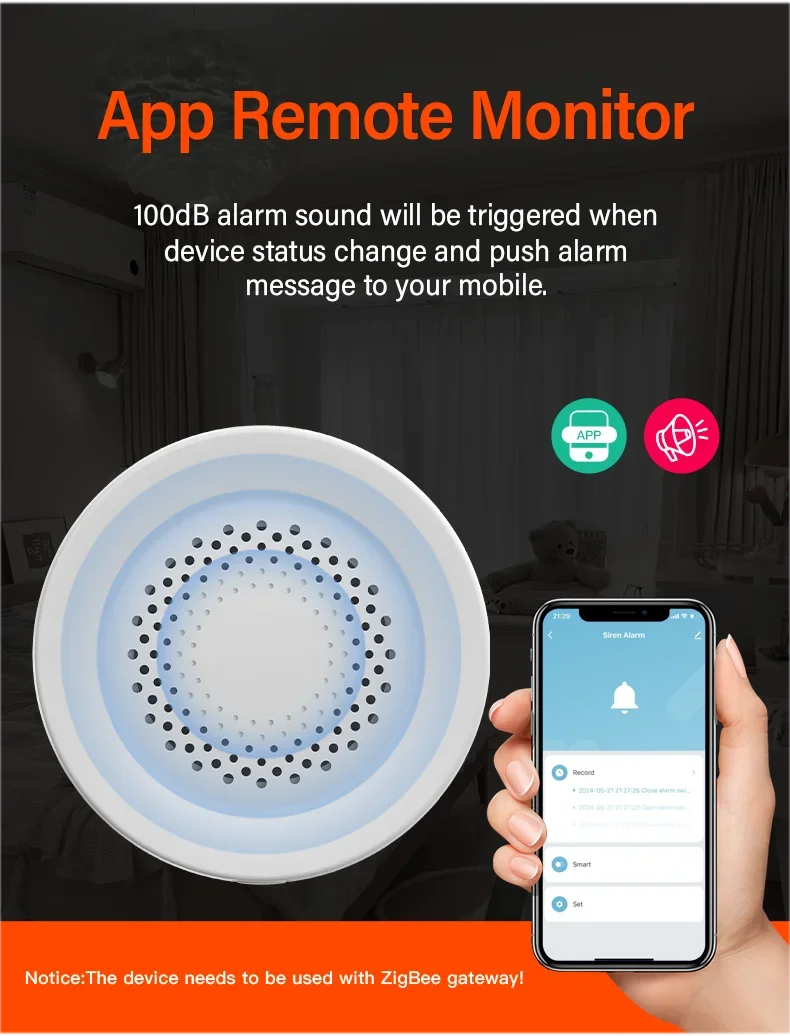 Tuya Zigbee Siren Alarm For Smart Home Security 100db Speaker Works With Alexa Yandex Alice Require Tuya Zigbee Hub.