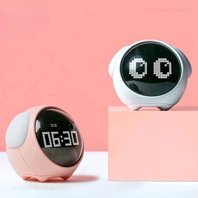 Réveil numérique pour enfants avec expressions amusantes, fonction répétition, commande vocale, veilleuse LED intelligente