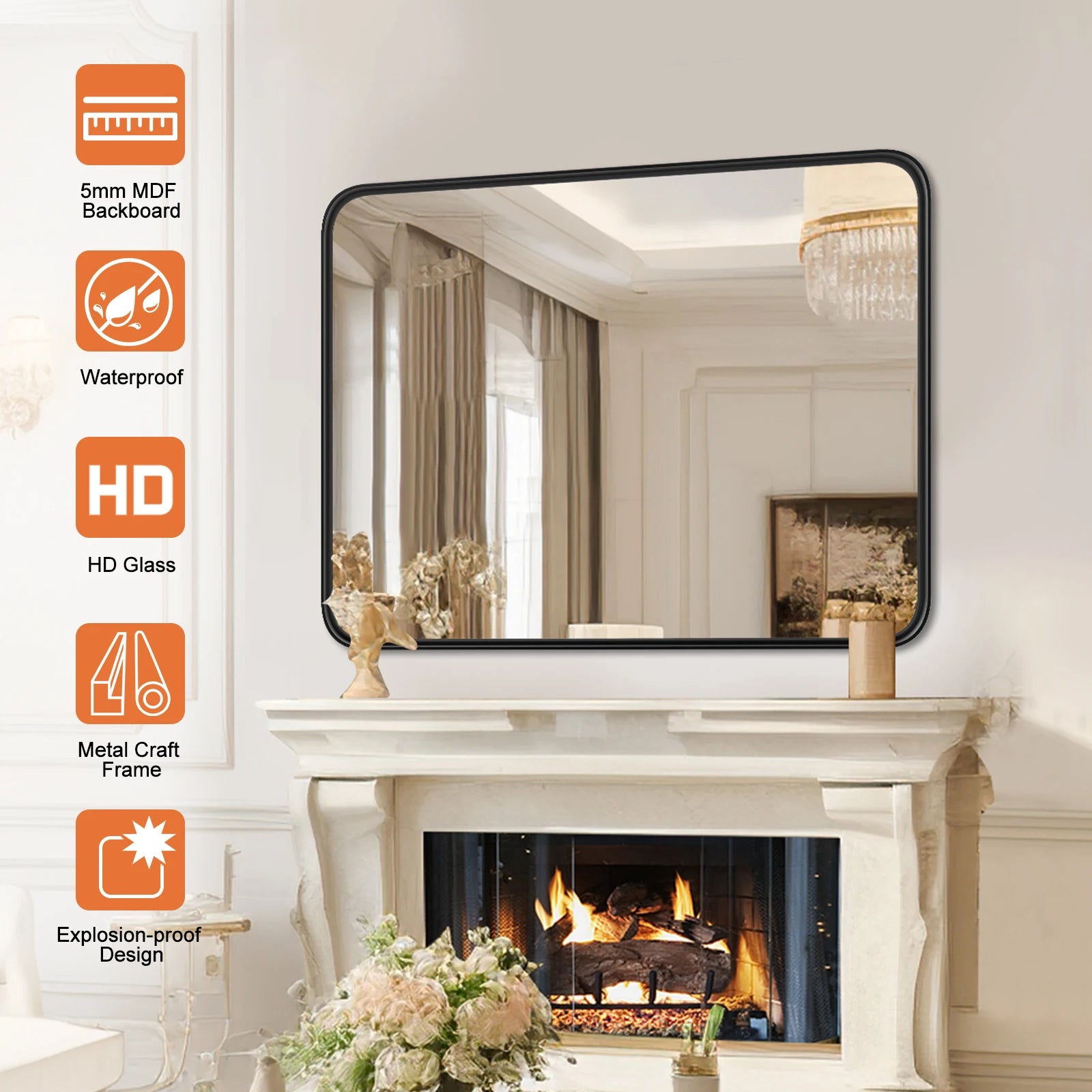 Large 30x40 Inch Black Framed Wall Mirror with Tempered Glass