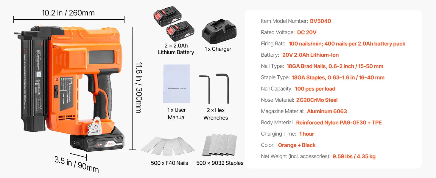 SucceBuy Cordless Brad Nailer 18 Gauge 20V Battery Powered Nail Gun and Staple Gun with 500 pcs Nails 500 pcs Staples