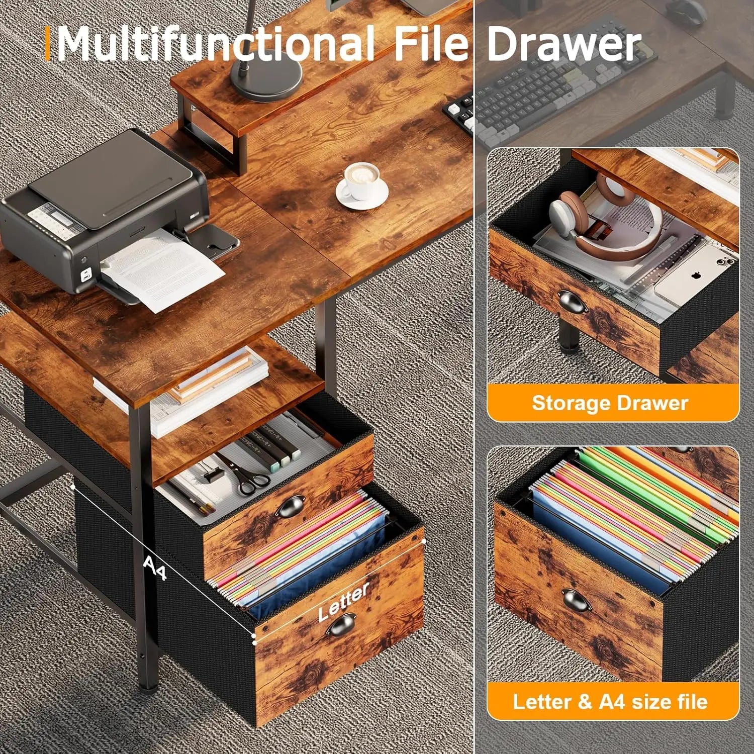 66" L Shaped Desk with Power Outlet, Storage Shelves & Drawer