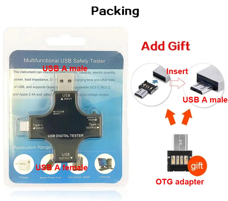USB Tester Type-C PD Digital Capacity Meter 8A Voltage Current Monitor Power Bank Charger Detector with QC3.0 Fast Charging