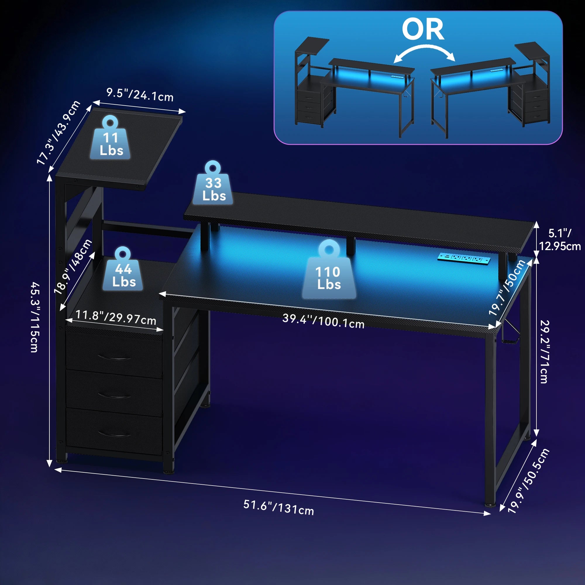 Reversible Gaming Desk with LED Lights, Power Outlets & Drawers