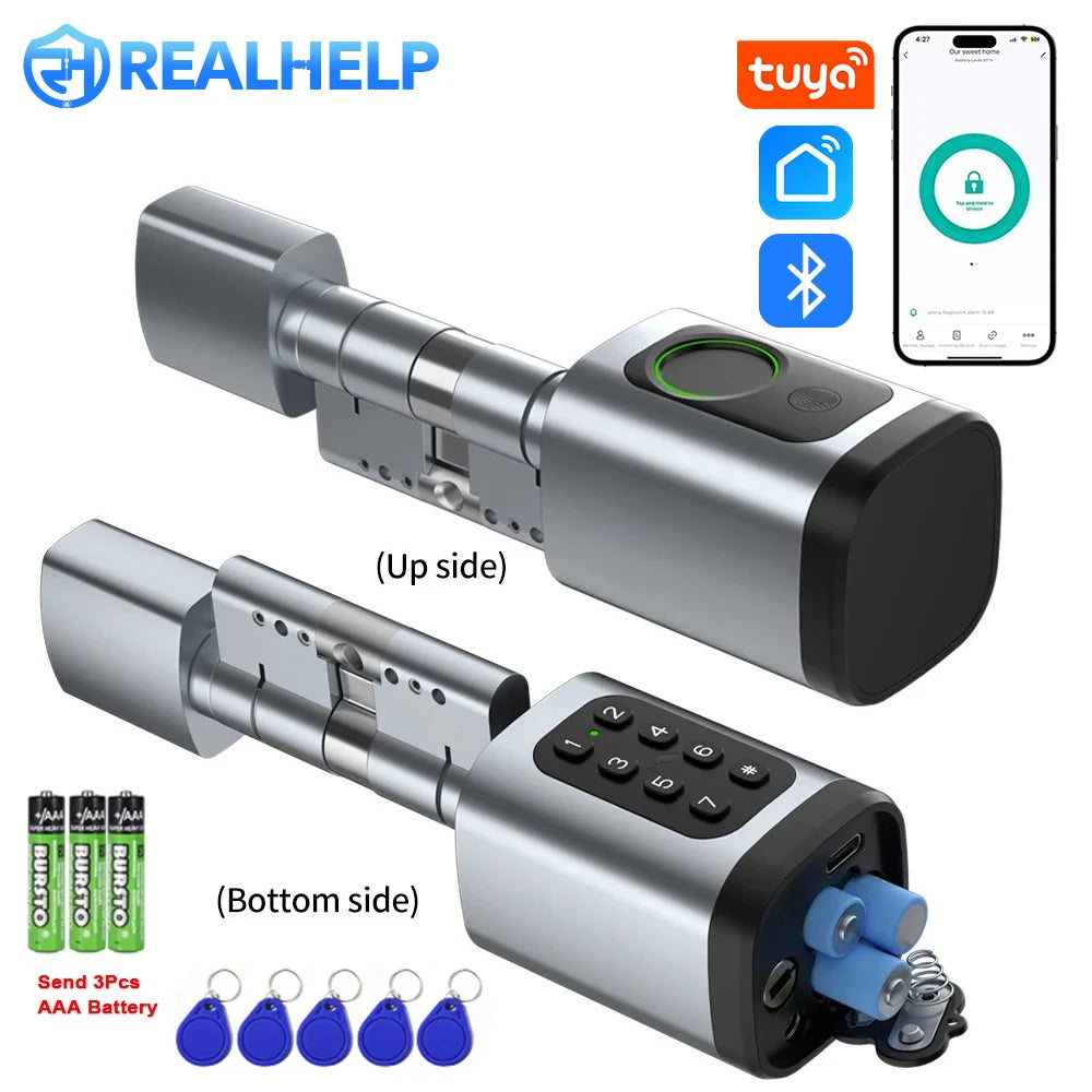 Electronic Digital Tuya Smart Lock Cylinder with Fingerprint Password App Bluetooth Card Mechanical Key Easy Replacement Battery