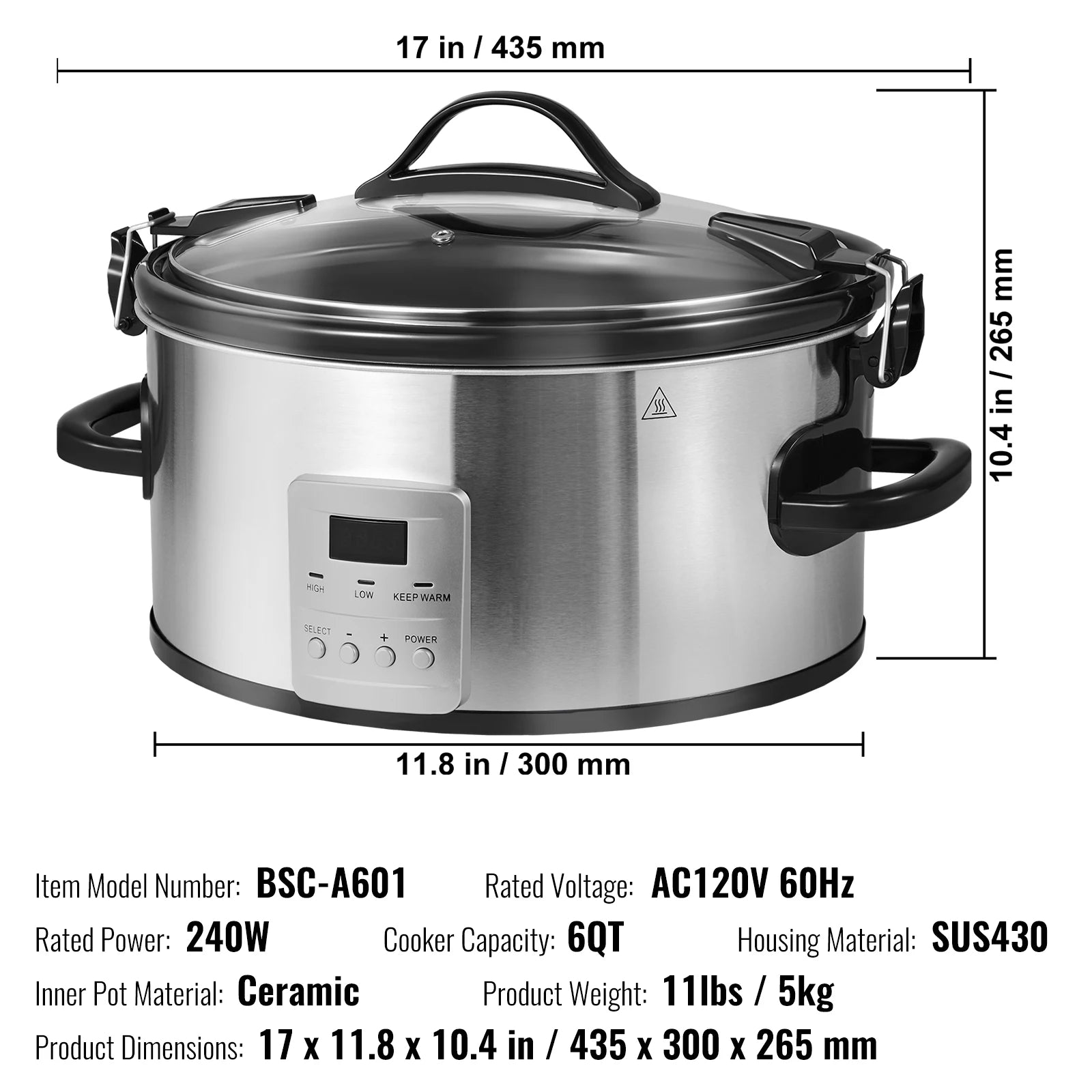 8QT Digital Slow Cooker with Ceramic Pot & Locking Lid