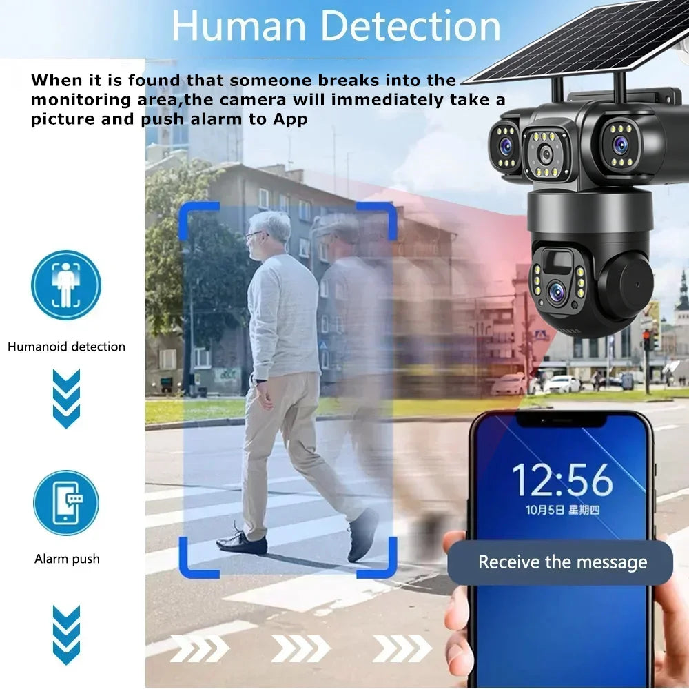 12MP Solar Outdoor PTZ Security Camera Triple Lens 360° Wireless