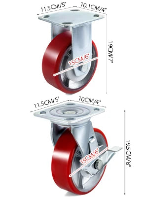 4 Pack Heavy Duty 6" Polyurethane Caster Wheels with Brakes