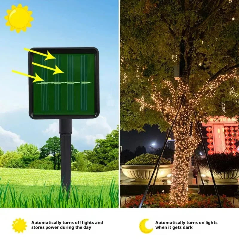 LED-sollyslenke med 300 LED-lys, 8 moduser, vanntett, solcelledrevet dekorasjonslyslenke med stjernelys til utendørs bruk, jul og julehøytiden