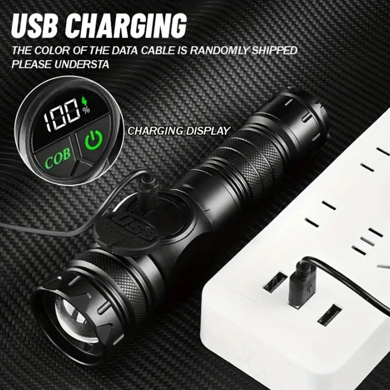 Linterna LED con 5 modos de iluminación, luz lateral COB roja con imán, linterna recargable por USB con batería integrada para senderismo