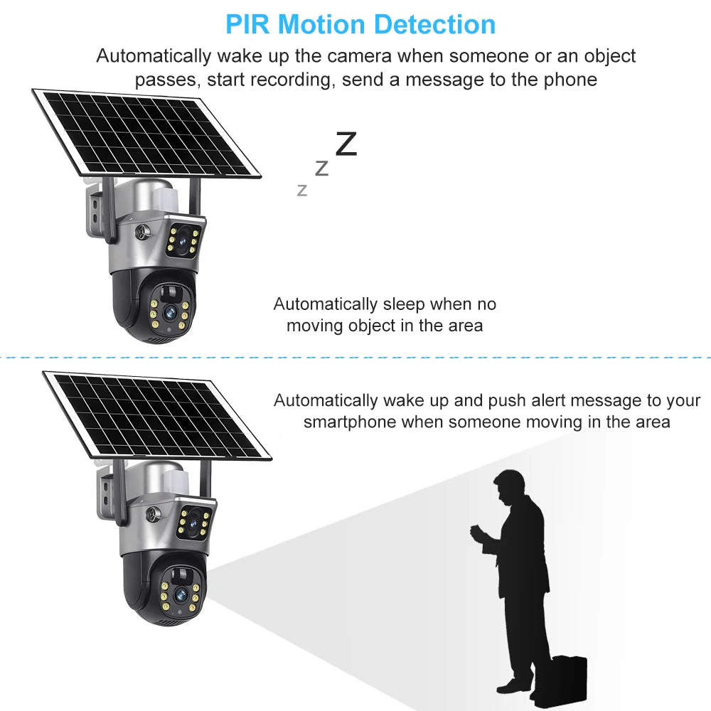 Solar Security Camera Dual Lens 8MP 4K Outdoor WiFi 4G