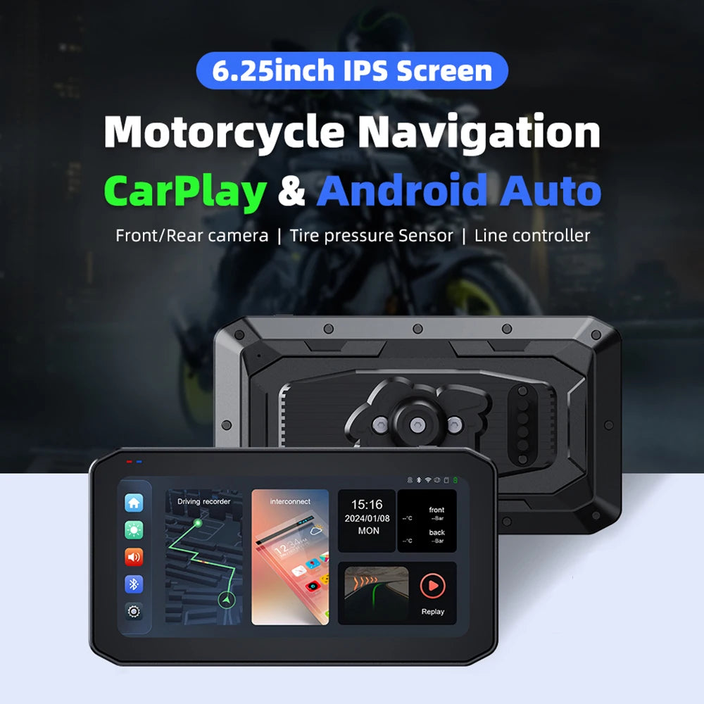 EKIY 6.25" Portable Digital Motorcycle Dashboard GPS Navigation Display Screen TPMS Monitor Wireless CarPlay Moto Android Auto
