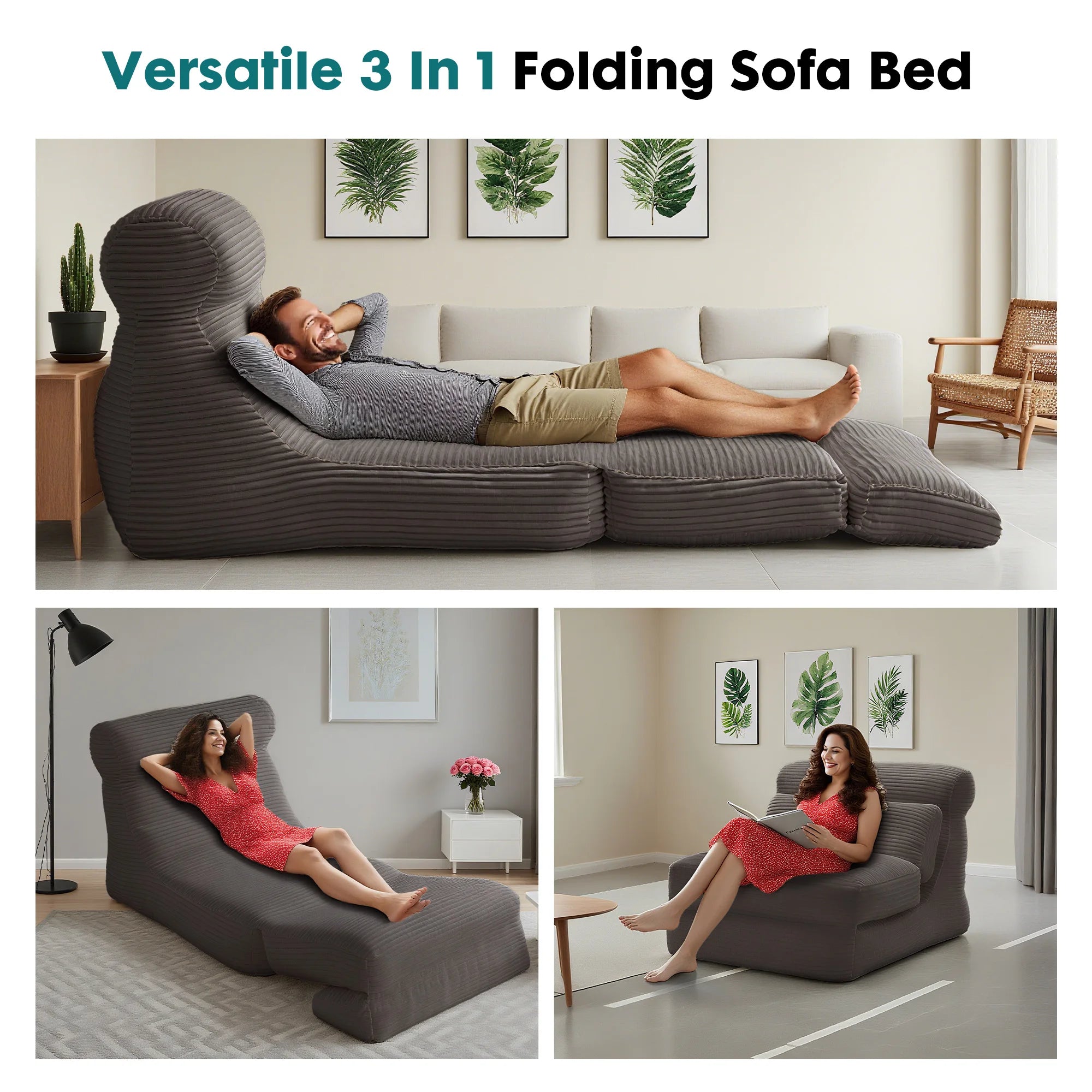 3-in-1 Folding Sofa Bed with Lumbar Support Corduroy Sleeper Chair