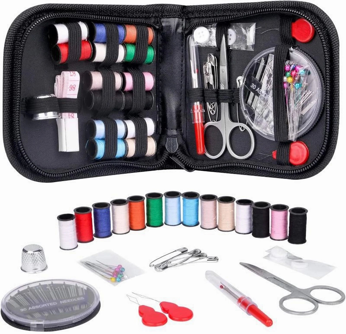 Kit de costura compacto y portátil para principiantes y profesionales, incluye agujas, hilo, tijeras y otros accesorios esenciales