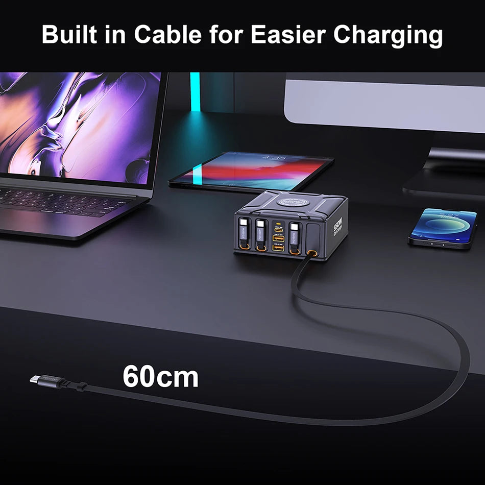 Nabíjacia stanica 7 v 1 s výkonom 550 W a 100W vysúvateľnými USB-C káblami