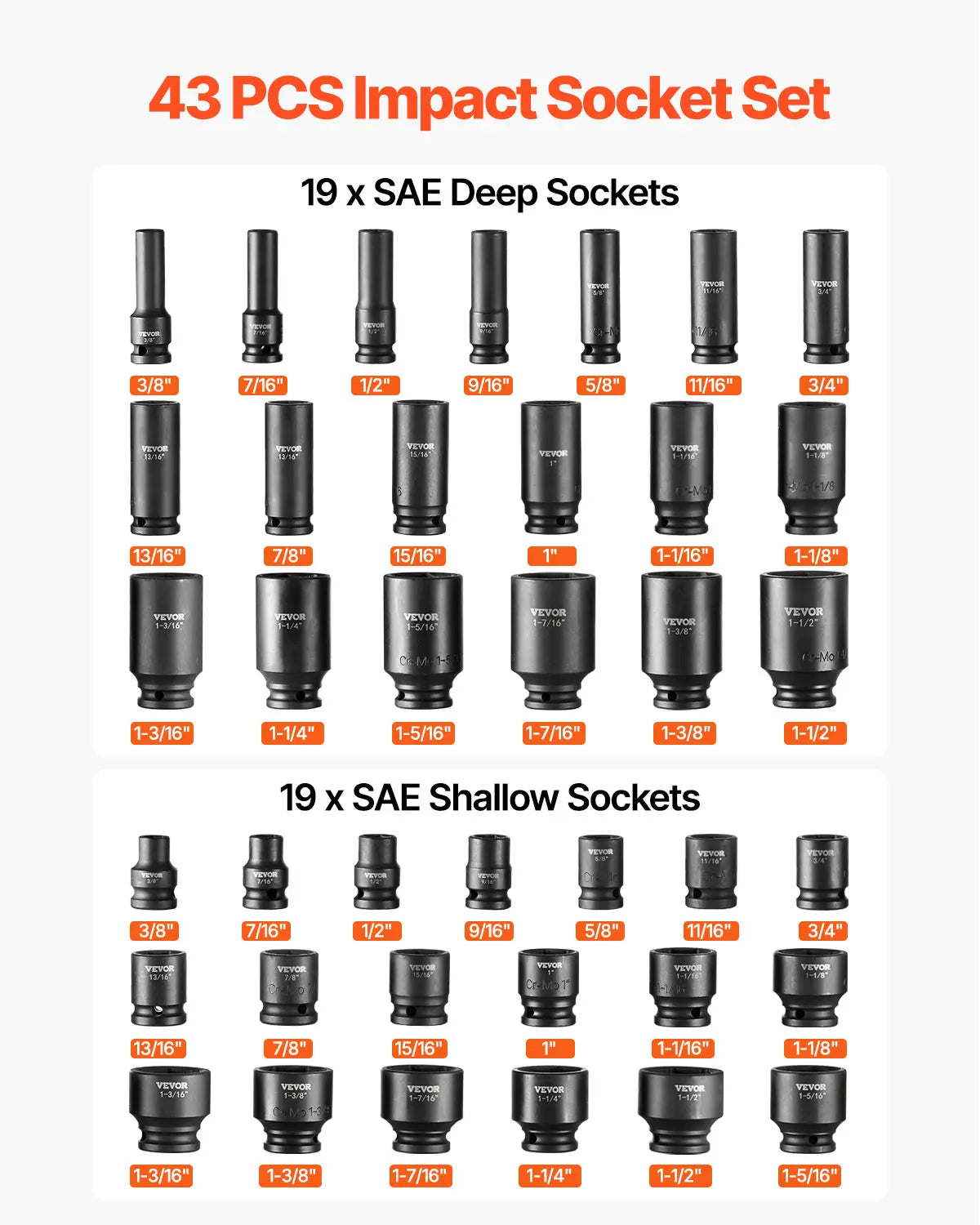 43-Piece 1/2" Drive Impact Socket Set SAE Deep & Shallow