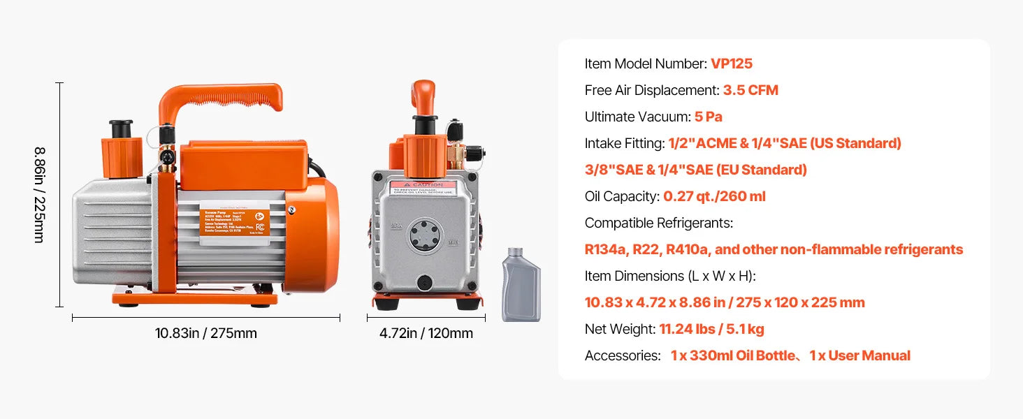 HVAC Vacuum Pump 3.5–9 CFM Single & Dual Stage for AC Systems