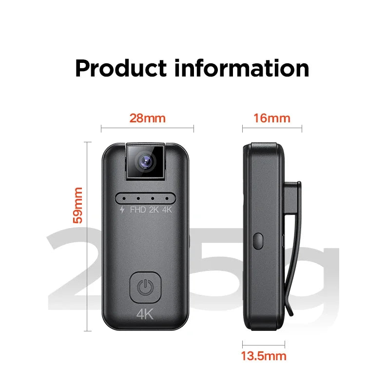 Câmara Micro Full HD 4K Equipamento de Gravação Portátil para Motocicletas, Bicicletas, Registos de Polícia/Aplicação na Lei, Extrema