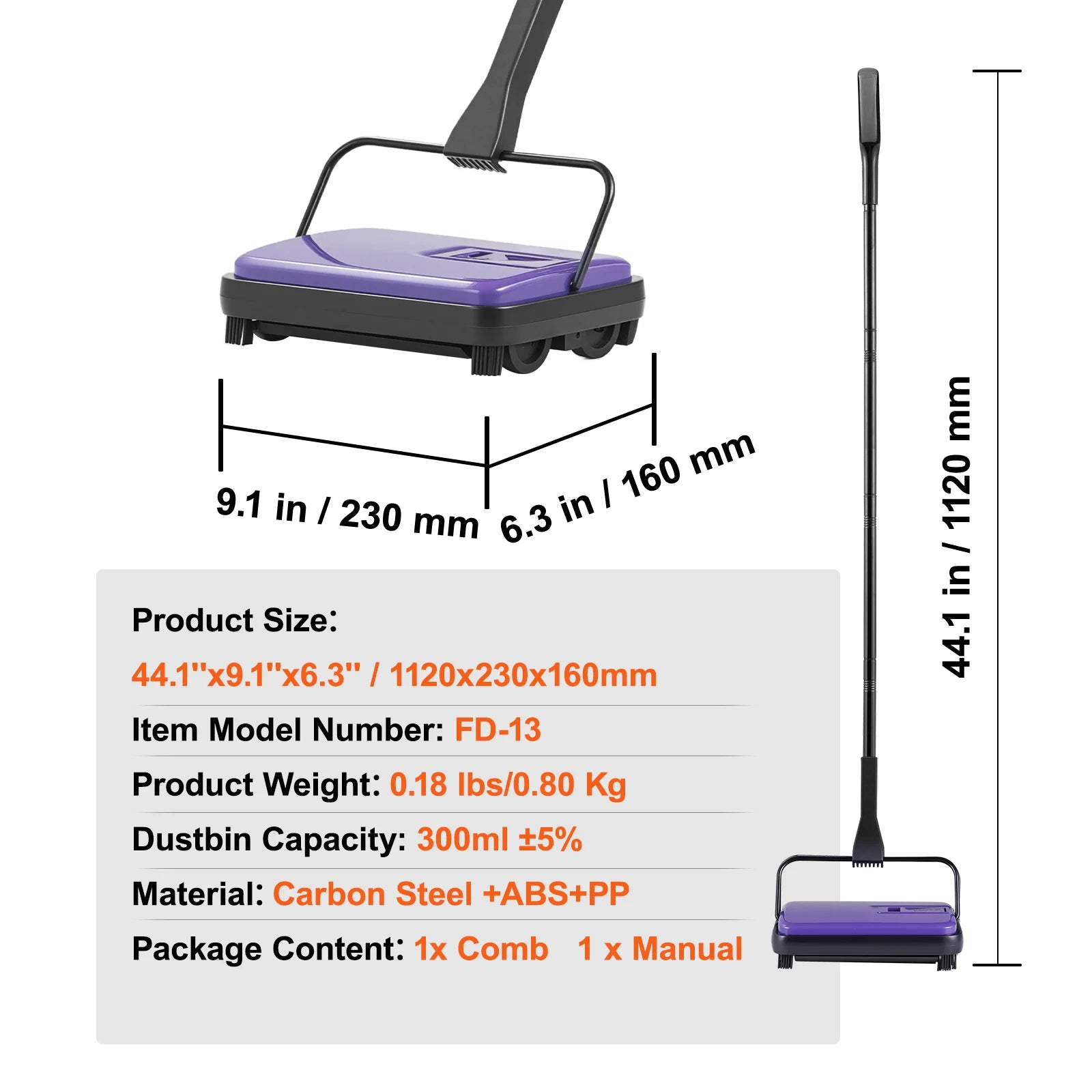 SucceBuy Carpet Sweeper Manual Floor Sweeper w/ 300ml Dustbin Capacity 6.7 Cleaning Width for Home Office Carpets Pet Hair Dust