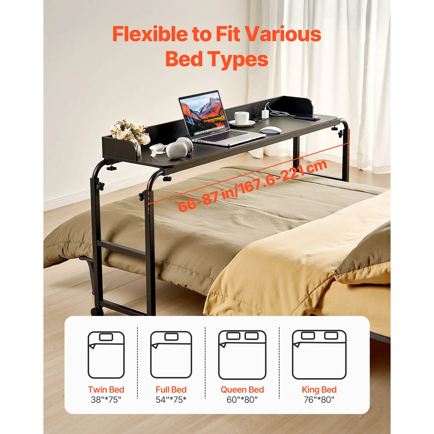SucceBuy Overbed Table Mobile Bed Side Table w/ 4 Wheels&Power SocketHeight Adjustable Rolling Laptop Desk for Home Office Study