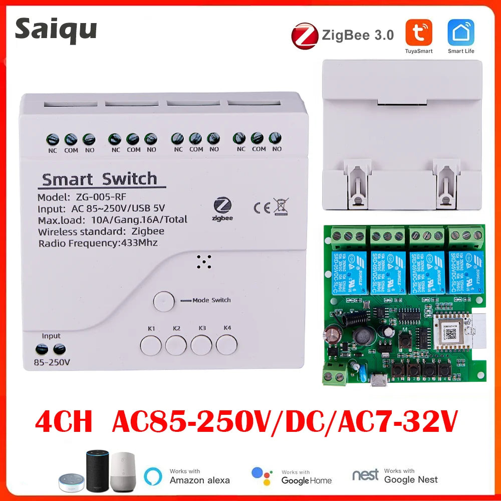 4CH Zigbee Tuya Smart Home Relay Module 85-250V Relay AC DC 7-32V 85-250V Works Alexa Google Assistant Smart Light Switch