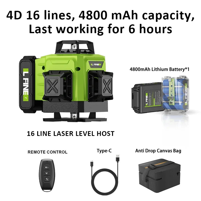 LFINE 3D/4D Laser Level 8/12/16 Lines Horizontal And Vertical With Remote Control 8 Lines 360°Self-leveling Laser Levels