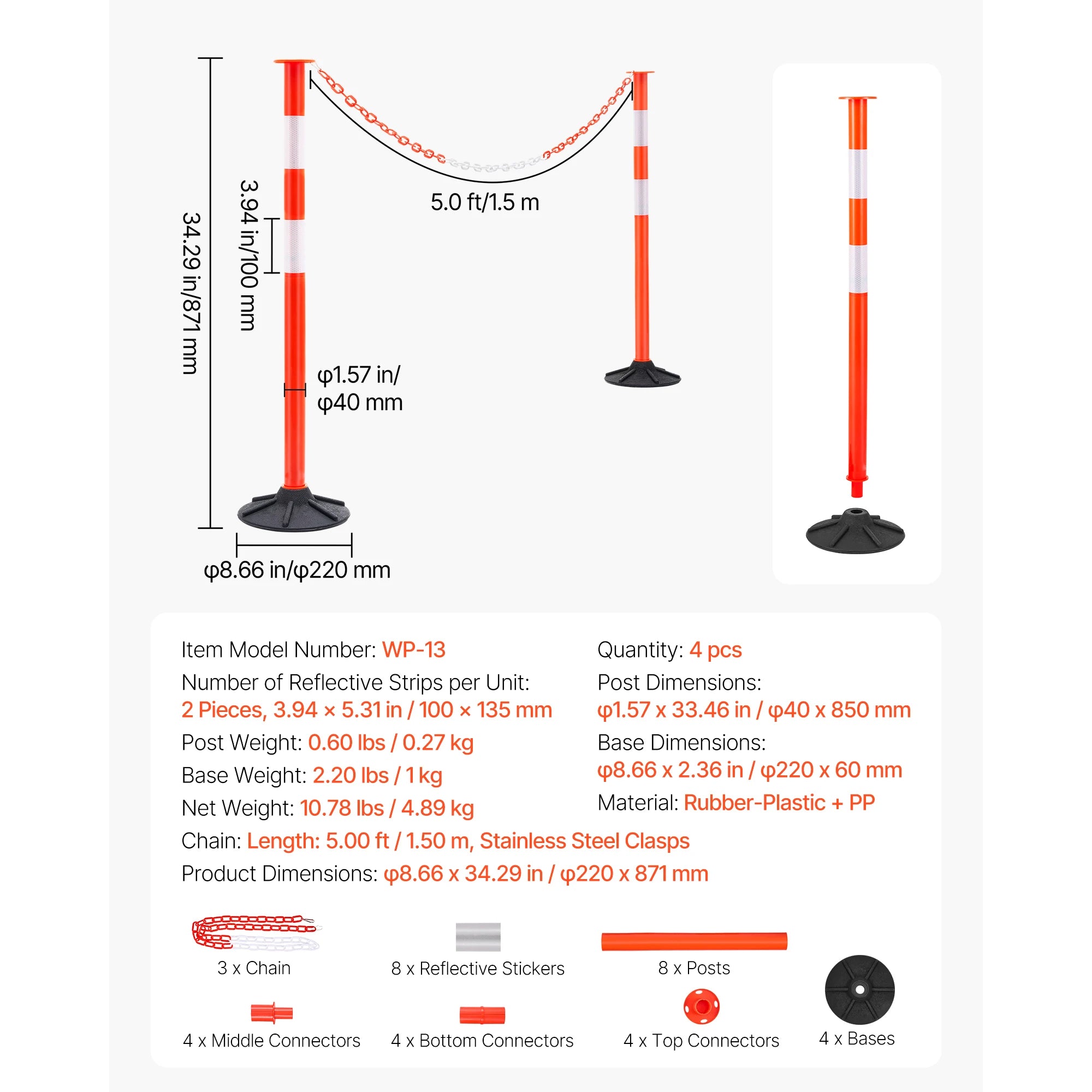 SucceBuy 2/3/4/6/12 Pack Traffic Delineator Posts 34/45 in with Weighted Base Reflective Strips for Construction Site Parking
