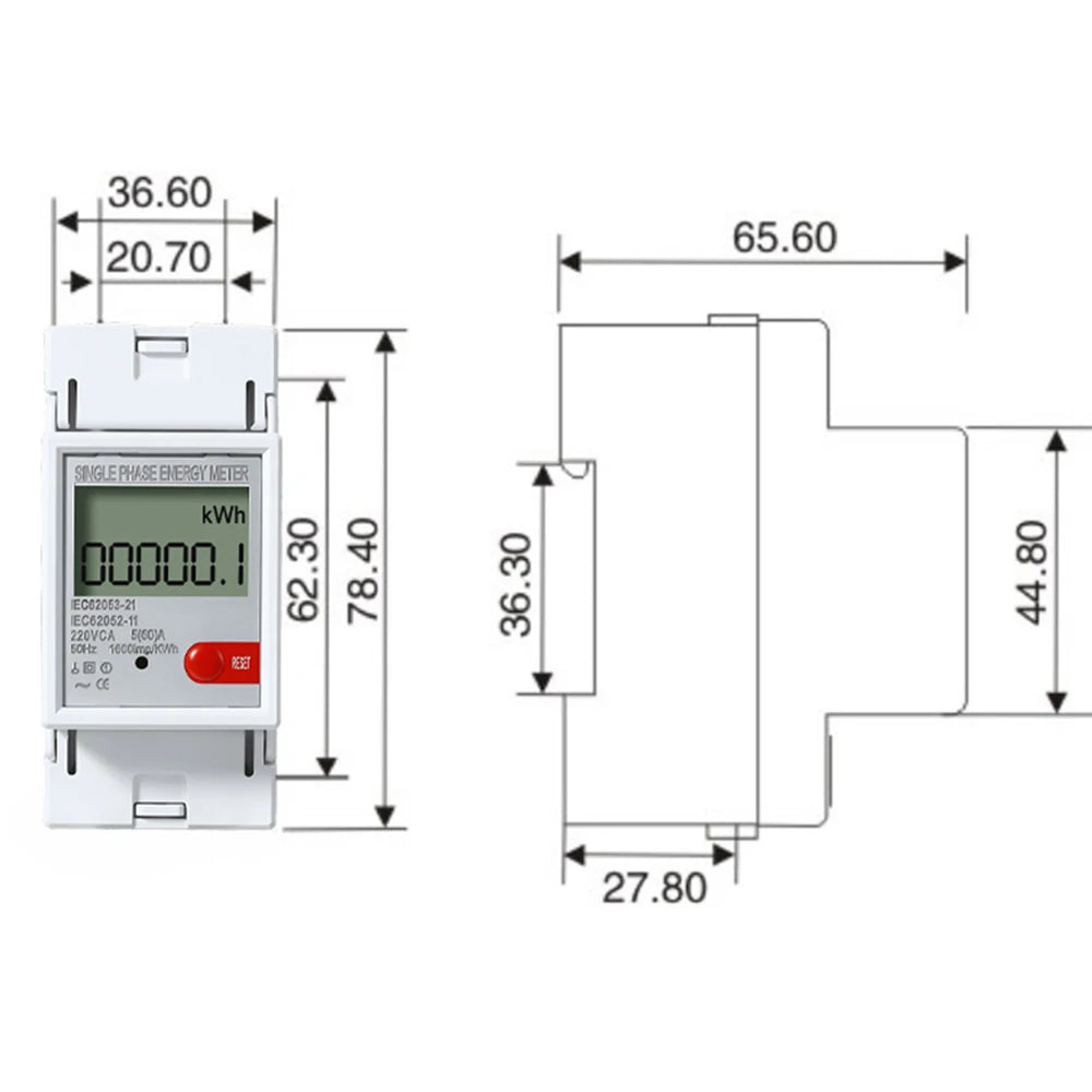 Single-Phase DIN-Rail kWh Meter, 220 V, 5(60) A