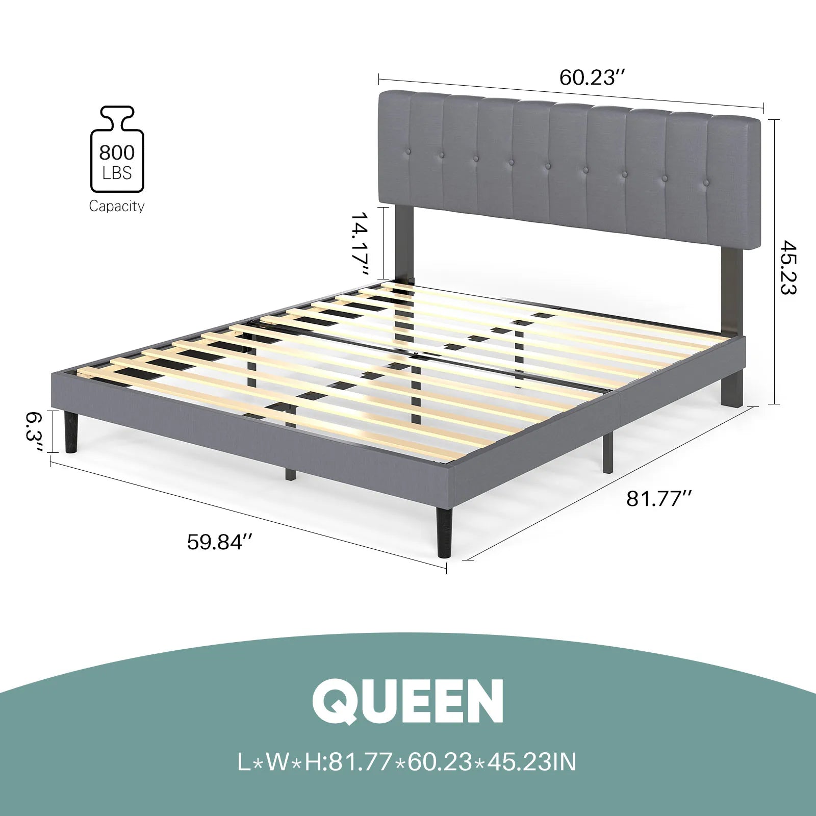 Wooden Upholstered Bed Frame with Adjustable Headboard, No Box Spring