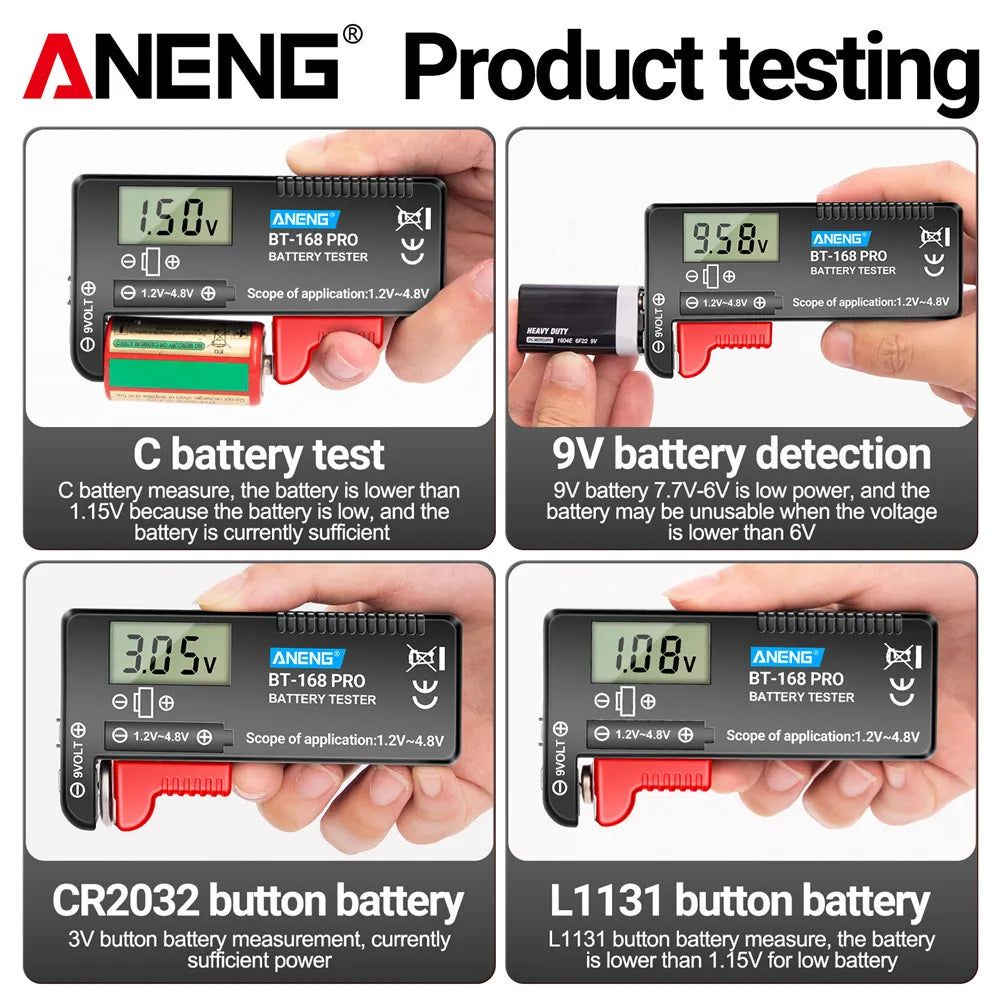 Batteritestere ANENG BT-168 PRO, kapasitetskontrollert belastningsanalysator, digital batteritester for 9 V-, AAA-, AA- og knappcellebatterier