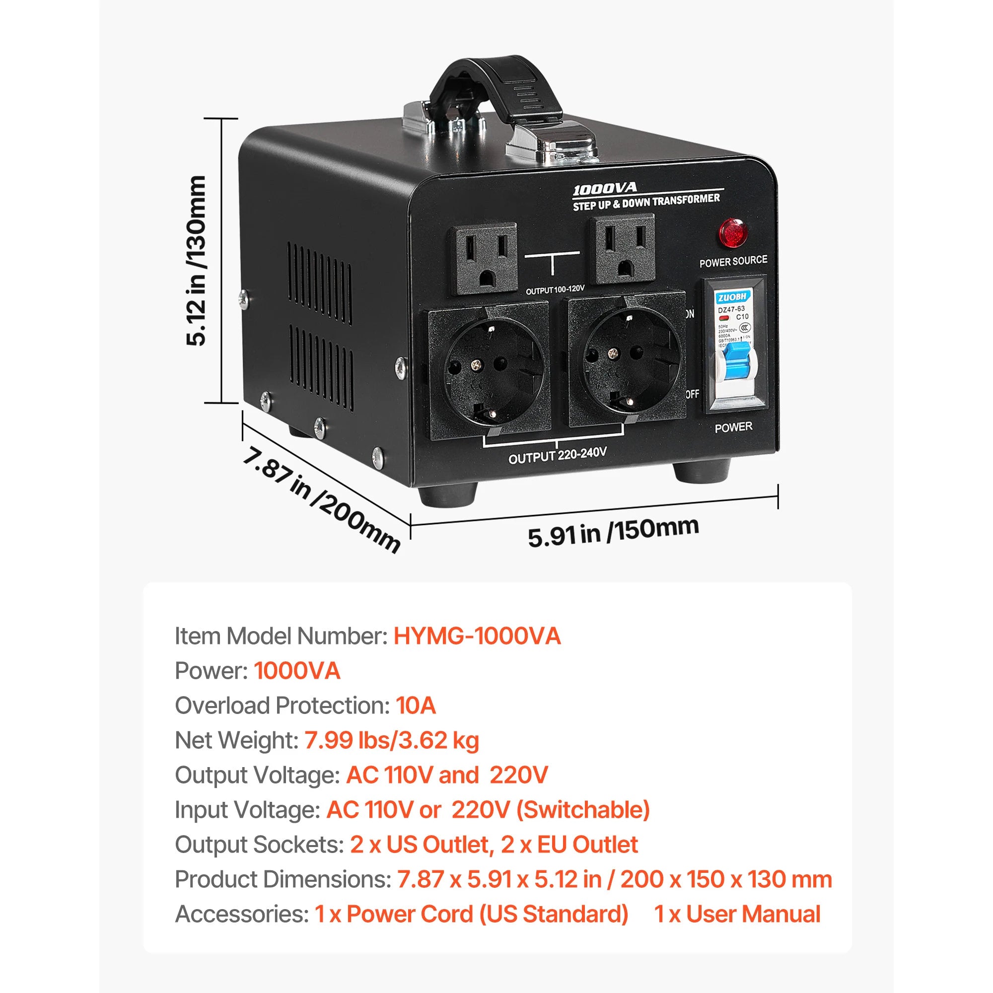 Transformador convertidor de voltaje Step Up & Down 500–6000VA US/EU